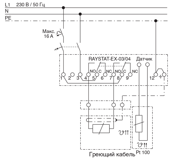 Схема подключения и система управления термостатом RAYSTAT-EX-03